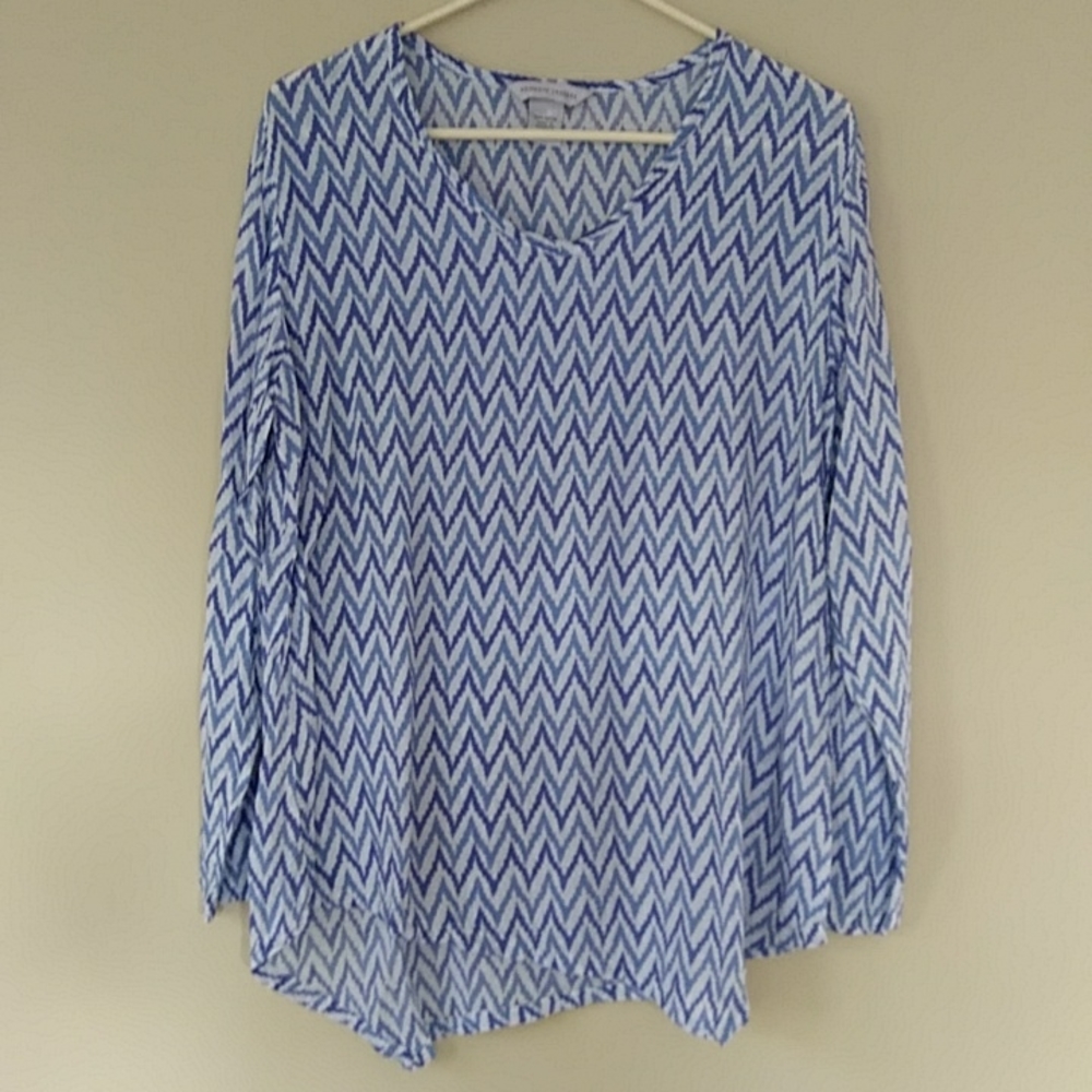 Nomadic Traders Chevron Asymmetic Hem Tunic Top M White Blue